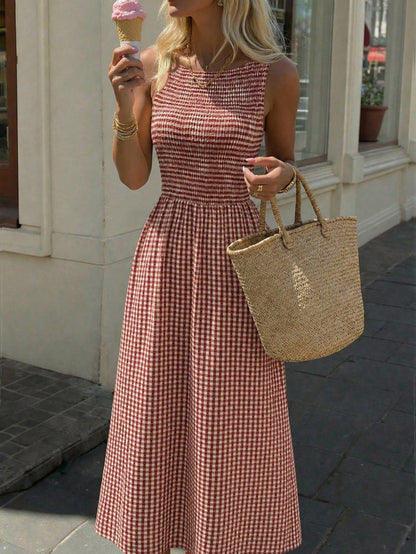 EZwear Women's Summer New Sleeveless Fitted Waist Simple Commute Casual Vacation Dress Red And White Plaid Long Dress Date Dress Romantic Dress Summer Holiday Outfit Summer Commute Dress Beach D