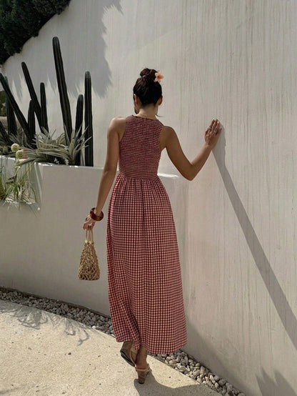 EZwear Women's Summer New Sleeveless Fitted Waist Simple Commute Casual Vacation Dress Red And White Plaid Long Dress Date Dress Romantic Dress Summer Holiday Outfit Summer Commute Dress Beach D