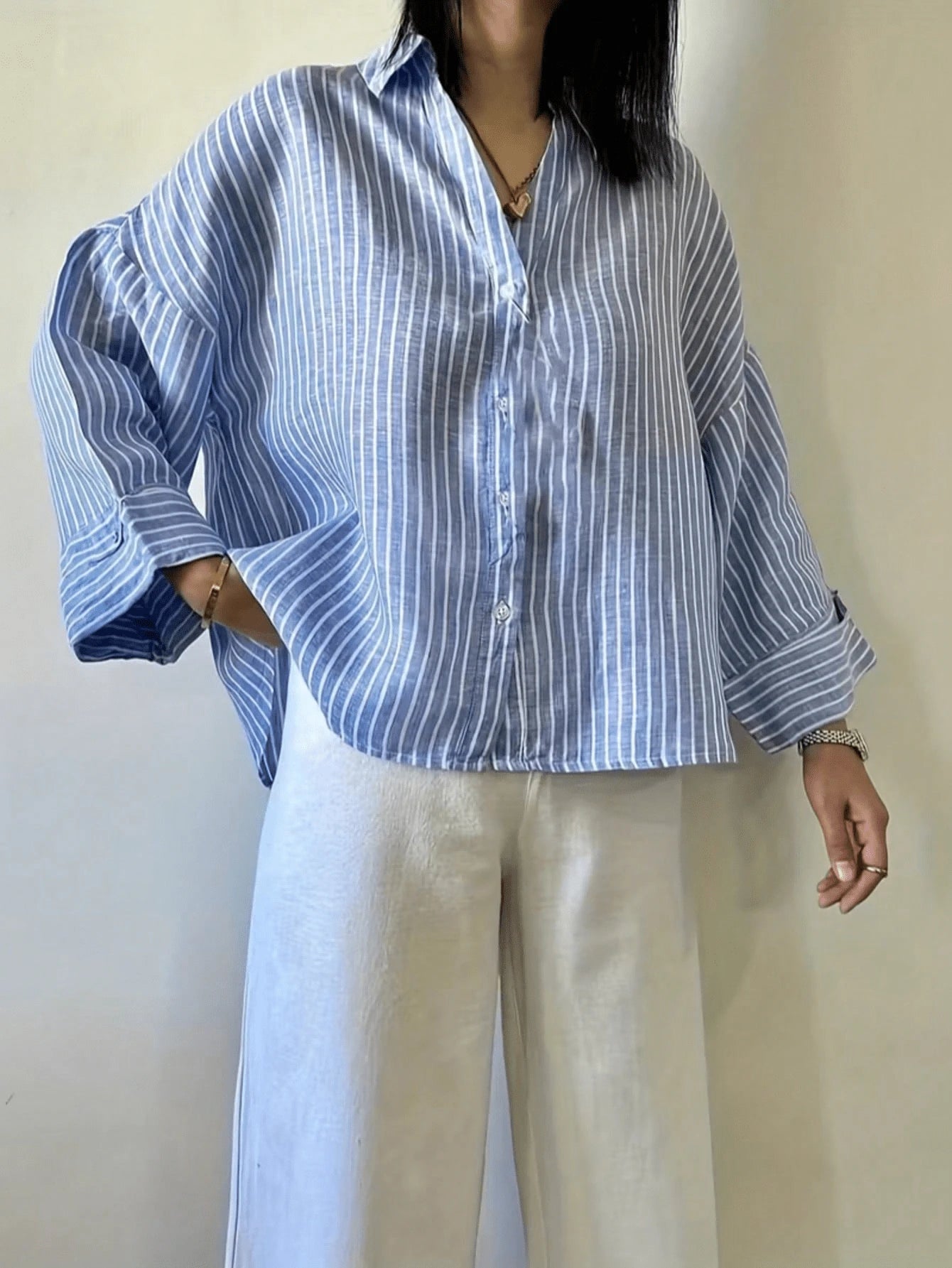 Fashion Plus Size Shirt, Blue Striped Shirt Collar, Woven Top, Dropped Shoulder Design, Button Details, Create A Fashionable Look