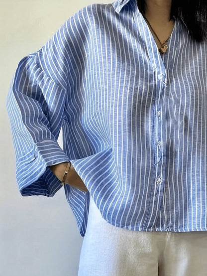 Fashion Plus Size Shirt, Blue Striped Shirt Collar, Woven Top, Dropped Shoulder Design, Button Details, Create A Fashionable Look