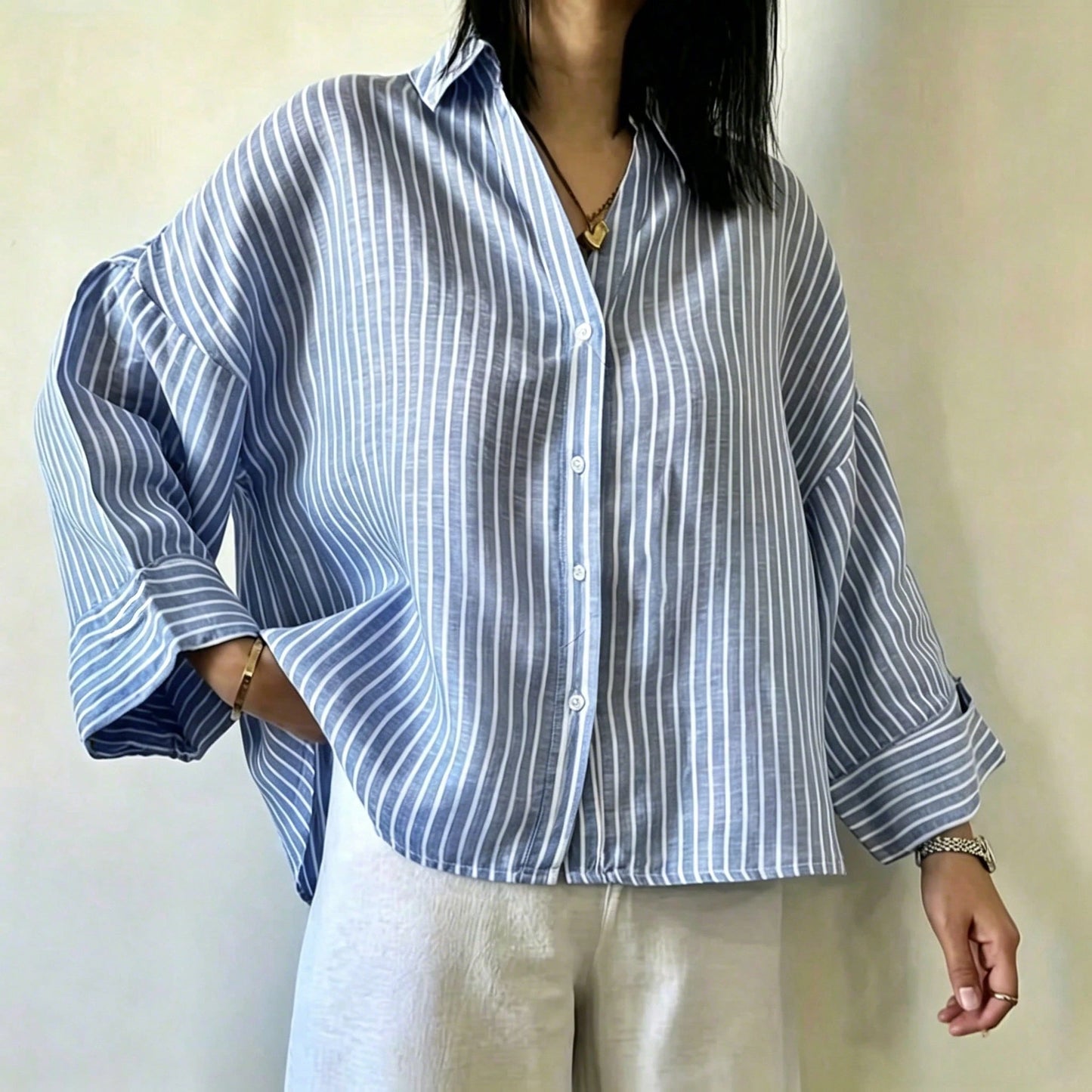 Fashion Plus Size Shirt, Blue Striped Shirt Collar, Woven Top, Dropped Shoulder Design, Button Details, Create A Fashionable Look