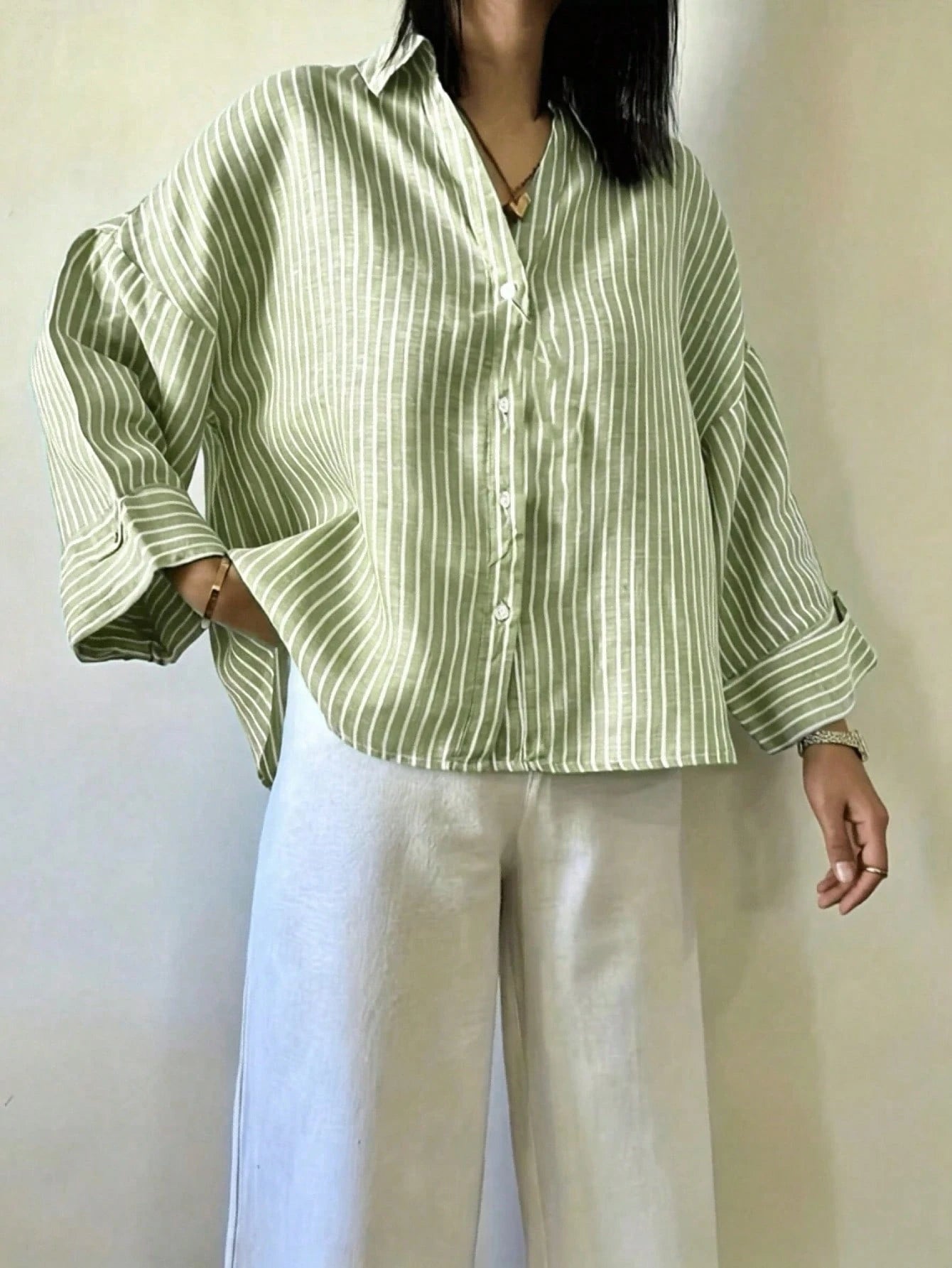 Fashion Plus Size Shirt, Blue Striped Shirt Collar, Woven Top, Dropped Shoulder Design, Button Details, Create A Fashionable Look