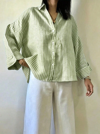 Fashion Plus Size Shirt, Blue Striped Shirt Collar, Woven Top, Dropped Shoulder Design, Button Details, Create A Fashionable Look