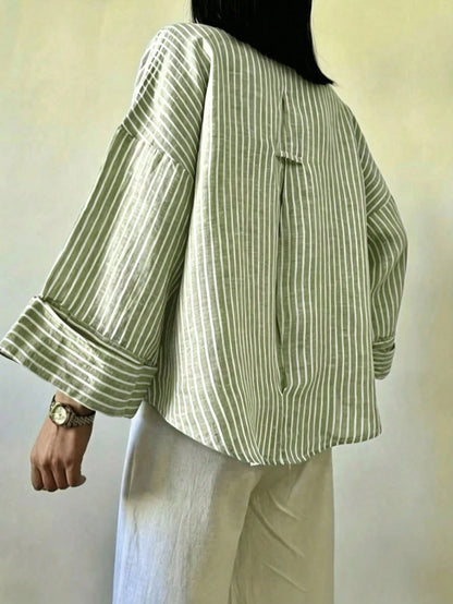 Fashion Plus Size Shirt, Blue Striped Shirt Collar, Woven Top, Dropped Shoulder Design, Button Details, Create A Fashionable Look