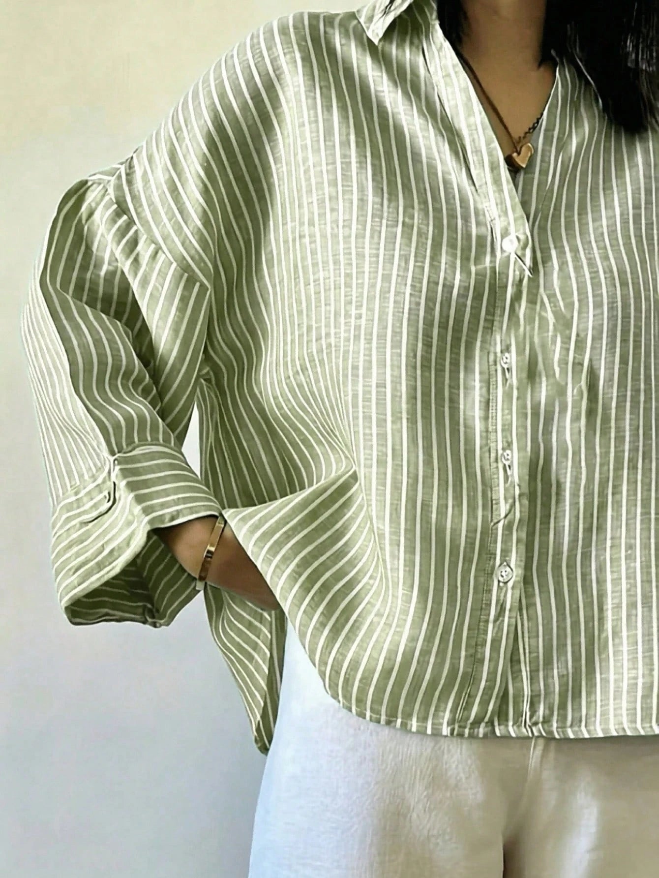 Fashion Plus Size Shirt, Blue Striped Shirt Collar, Woven Top, Dropped Shoulder Design, Button Details, Create A Fashionable Look