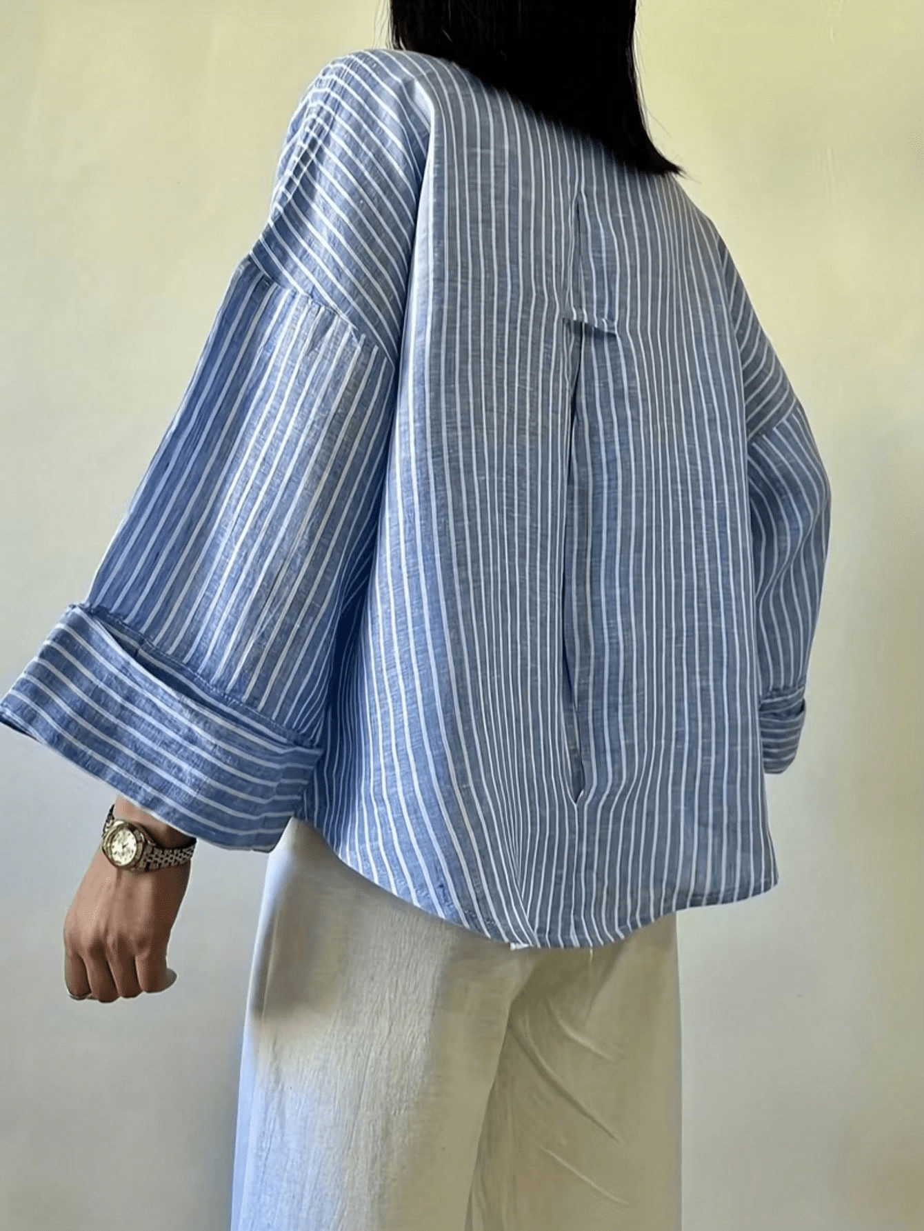 Fashion Plus Size Shirt, Blue Striped Shirt Collar, Woven Top, Dropped Shoulder Design, Button Details, Create A Fashionable Look