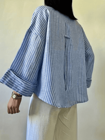Fashion Plus Size Shirt, Blue Striped Shirt Collar, Woven Top, Dropped Shoulder Design, Button Details, Create A Fashionable Look