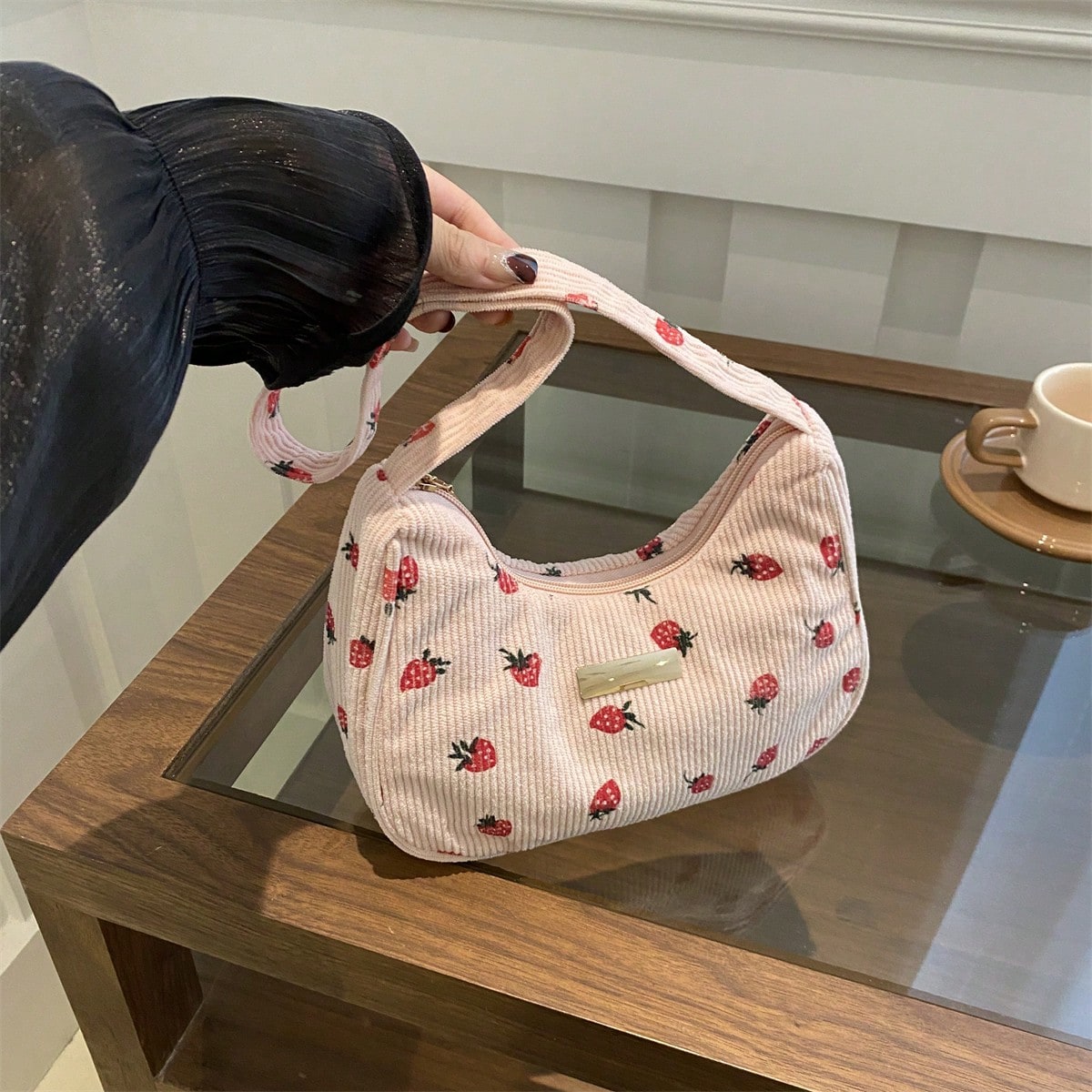 Fashion Solid Color Corduroy Shoulder Bag, Strawberry Pattern, Casual Crescent-Shaped Handbag, Women's Multifunctional Work Bag