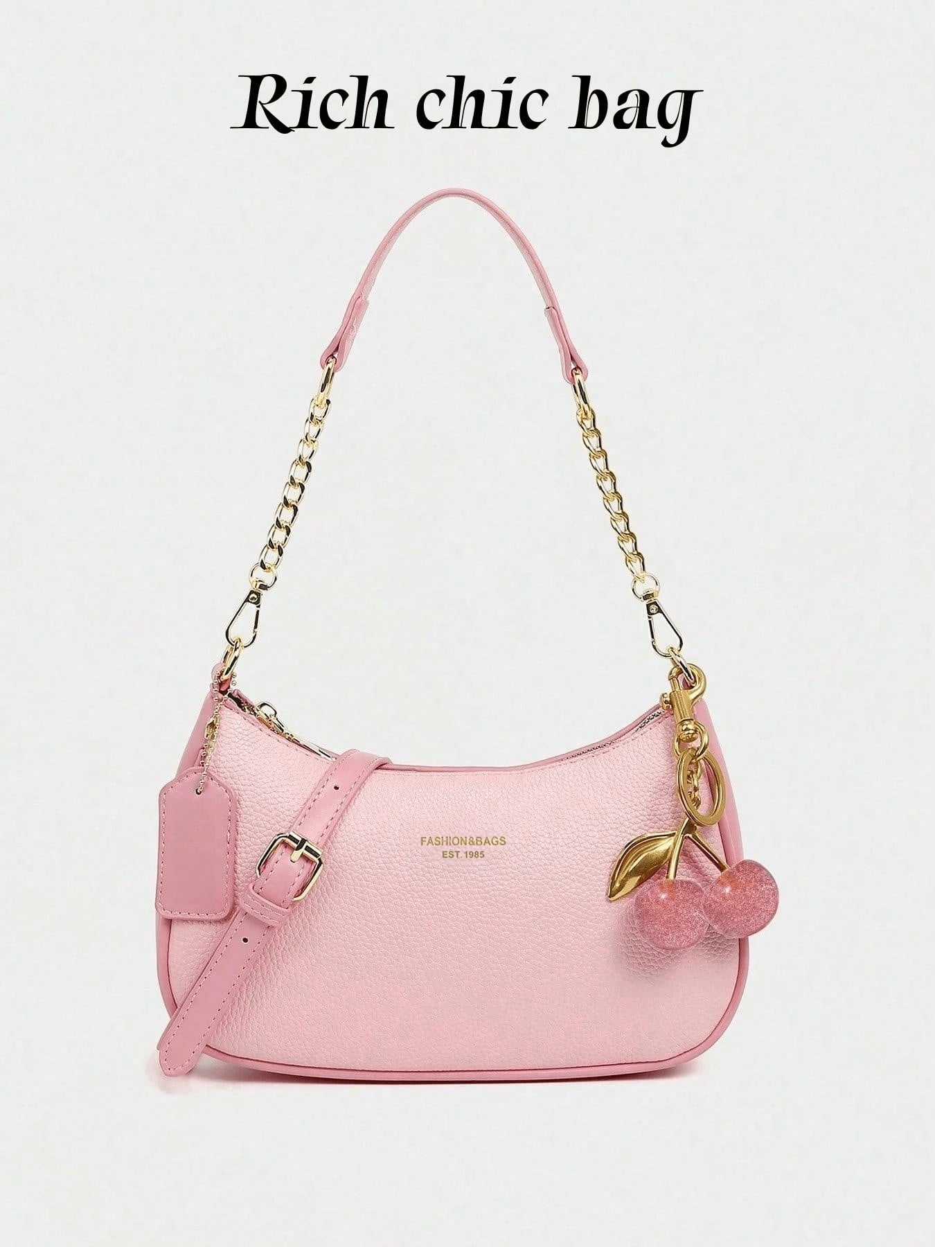 Fashion Versatile PU Waterproof Fabric M Letter Pattern Shoulder Bag, Printed Design Metal Chain Decoration Pink Baguette Bag With Cherry Pendant