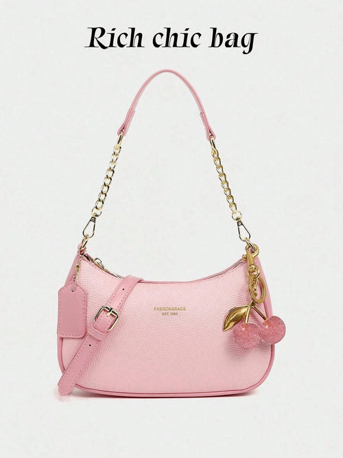 Fashion Versatile PU Waterproof Fabric M Letter Pattern Shoulder Bag, Printed Design Metal Chain Decoration Pink Baguette Bag With Cherry Pendant