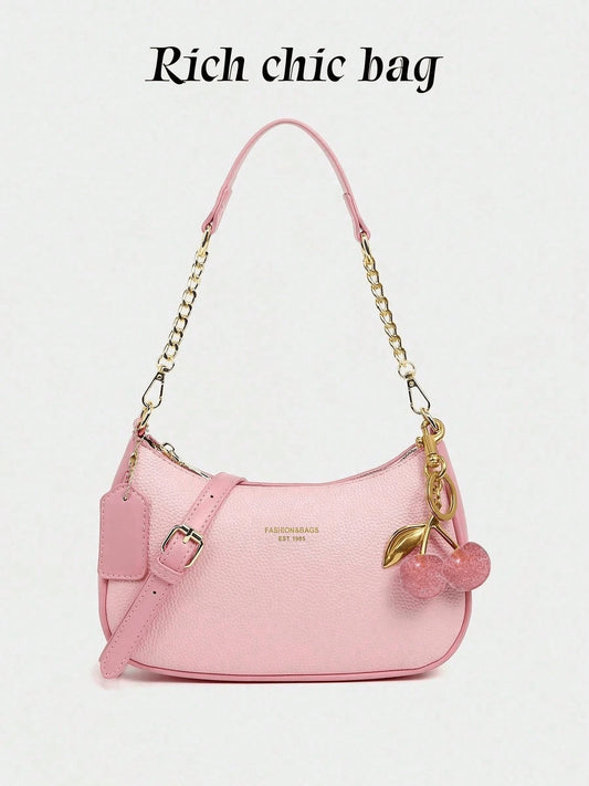 Fashion Versatile PU Waterproof Fabric M Letter Pattern Shoulder Bag, Printed Design Metal Chain Decoration Pink Baguette Bag With Cherry Pendant