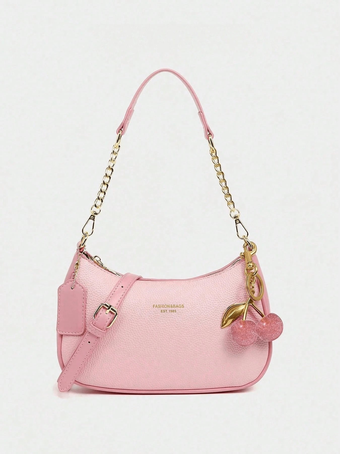 Fashion Versatile PU Waterproof Fabric M Letter Pattern Shoulder Bag, Printed Design Metal Chain Decoration Pink Baguette Bag With Cherry Pendant