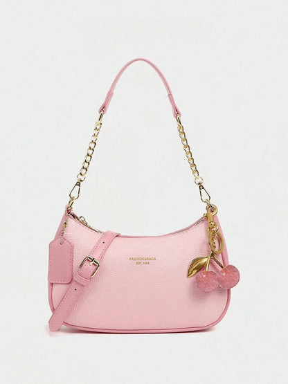 Fashion Versatile PU Waterproof Fabric M Letter Pattern Shoulder Bag, Printed Design Metal Chain Decoration Pink Baguette Bag With Cherry Pendant