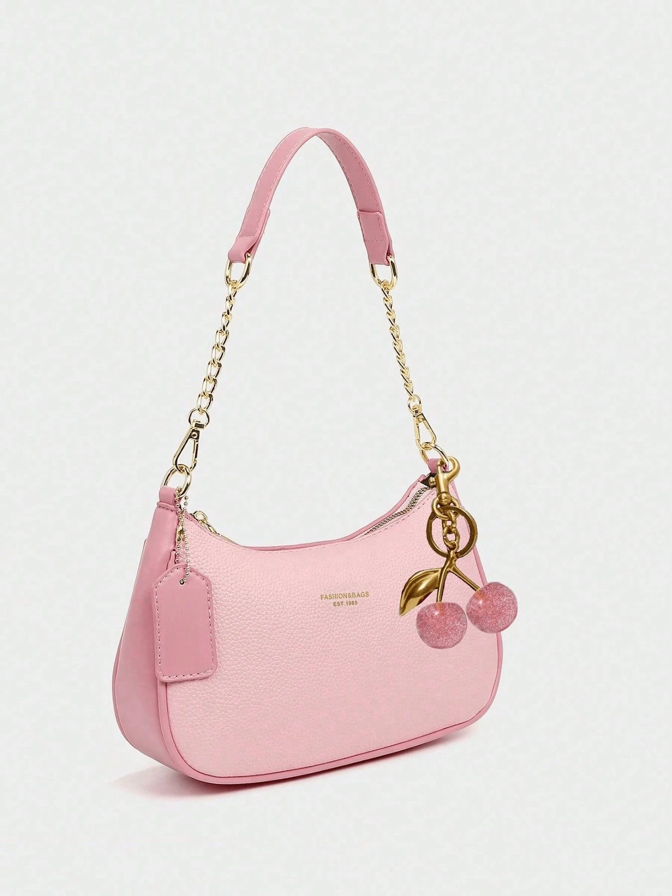 Fashion Versatile PU Waterproof Fabric M Letter Pattern Shoulder Bag, Printed Design Metal Chain Decoration Pink Baguette Bag With Cherry Pendant