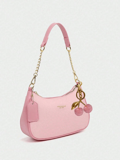 Fashion Versatile PU Waterproof Fabric M Letter Pattern Shoulder Bag, Printed Design Metal Chain Decoration Pink Baguette Bag With Cherry Pendant