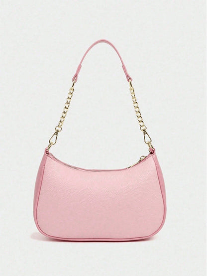Fashion Versatile PU Waterproof Fabric M Letter Pattern Shoulder Bag, Printed Design Metal Chain Decoration Pink Baguette Bag With Cherry Pendant