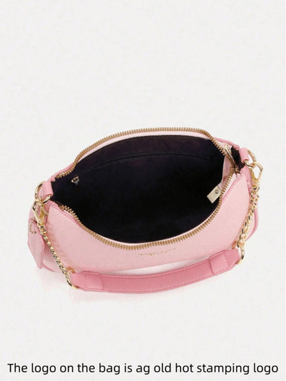 Fashion Versatile PU Waterproof Fabric M Letter Pattern Shoulder Bag, Printed Design Metal Chain Decoration Pink Baguette Bag With Cherry Pendant