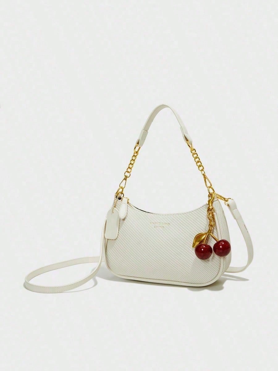 Fashion Versatile PU Waterproof Fabric M Letter Pattern Shoulder Bag, Printed Design Metal Chain Decoration Pink Baguette Bag With Cherry Pendant