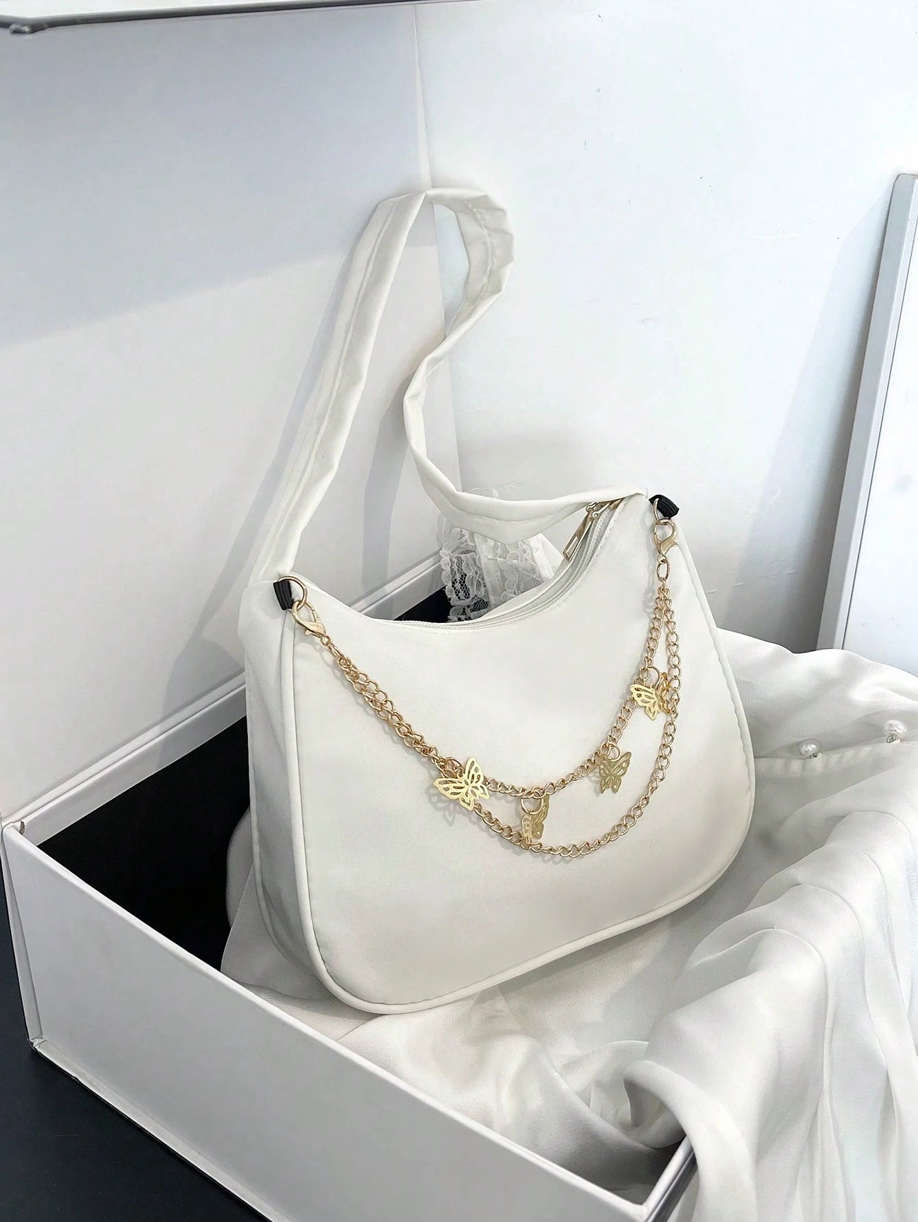 Fashion White Nylon Waterproof Shoulder Bag, Exquisite Metallic Butterfly Chain Versatile Minimalist Design Women Underarm Bag, Handy For Daily Use And Shopping