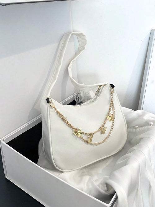 Fashion White Nylon Waterproof Shoulder Bag, Exquisite Metallic Butterfly Chain Versatile Minimalist Design Women Underarm Bag, Handy For Daily Use And Shopping
