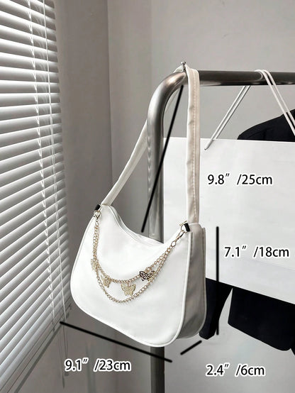 Fashion White Nylon Waterproof Shoulder Bag, Exquisite Metallic Butterfly Chain Versatile Minimalist Design Women Underarm Bag, Handy For Daily Use And Shopping