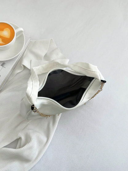 Fashion White Nylon Waterproof Shoulder Bag, Exquisite Metallic Butterfly Chain Versatile Minimalist Design Women Underarm Bag, Handy For Daily Use And Shopping