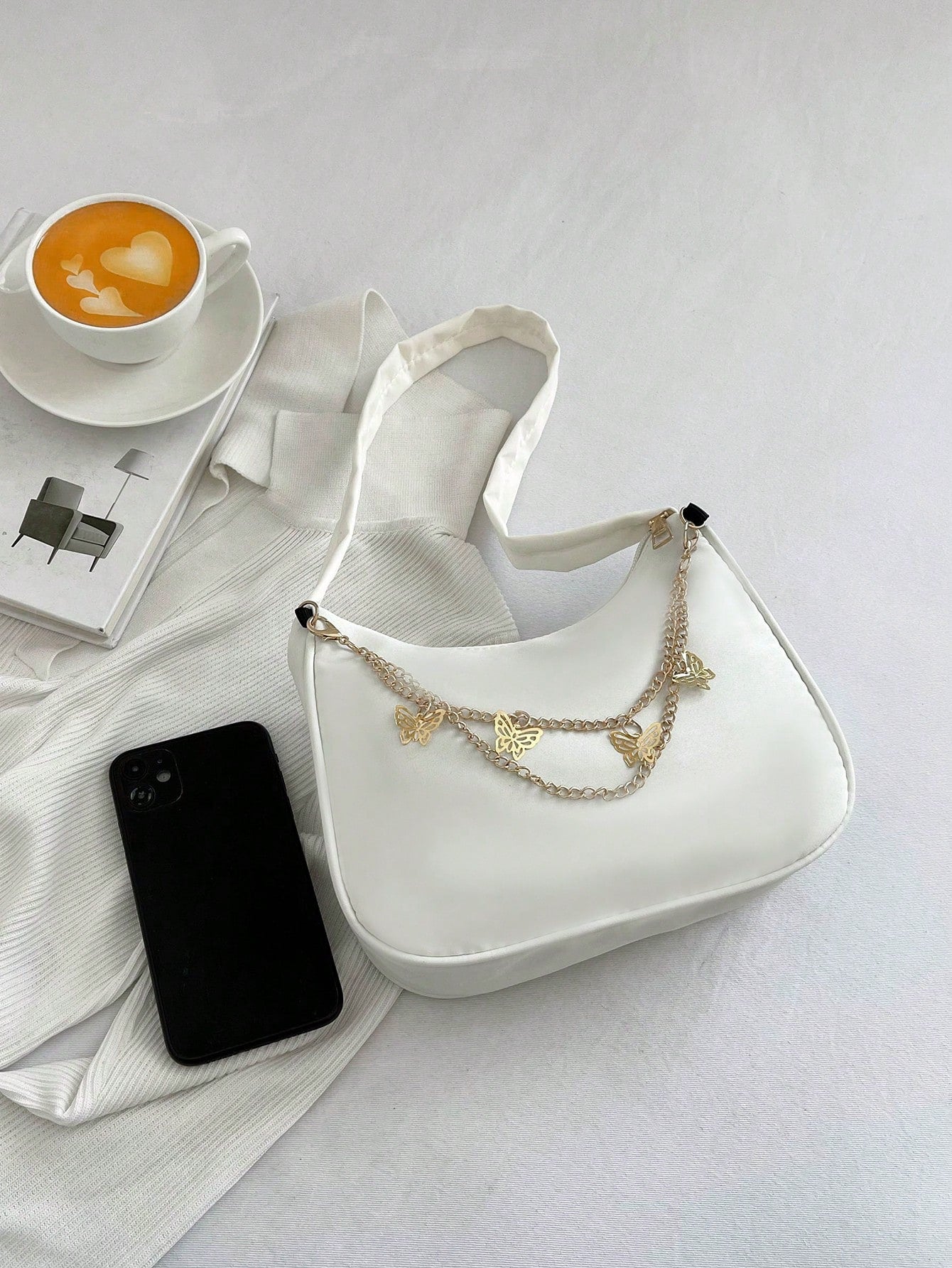 Fashion White Nylon Waterproof Shoulder Bag, Exquisite Metallic Butterfly Chain Versatile Minimalist Design Women Underarm Bag, Handy For Daily Use And Shopping