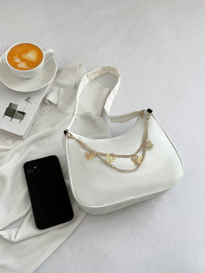 Fashion White Nylon Waterproof Shoulder Bag, Exquisite Metallic Butterfly Chain Versatile Minimalist Design Women Underarm Bag, Handy For Daily Use And Shopping