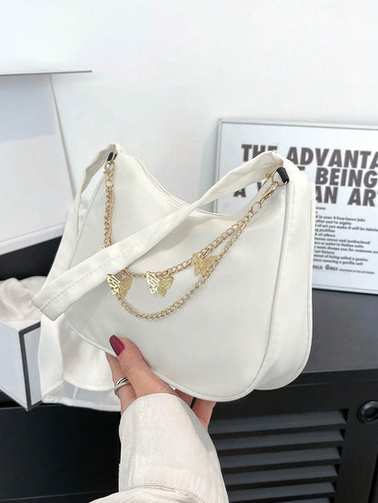 Fashion White Nylon Waterproof Shoulder Bag, Exquisite Metallic Butterfly Chain Versatile Minimalist Design Women Underarm Bag, Handy For Daily Use And Shopping