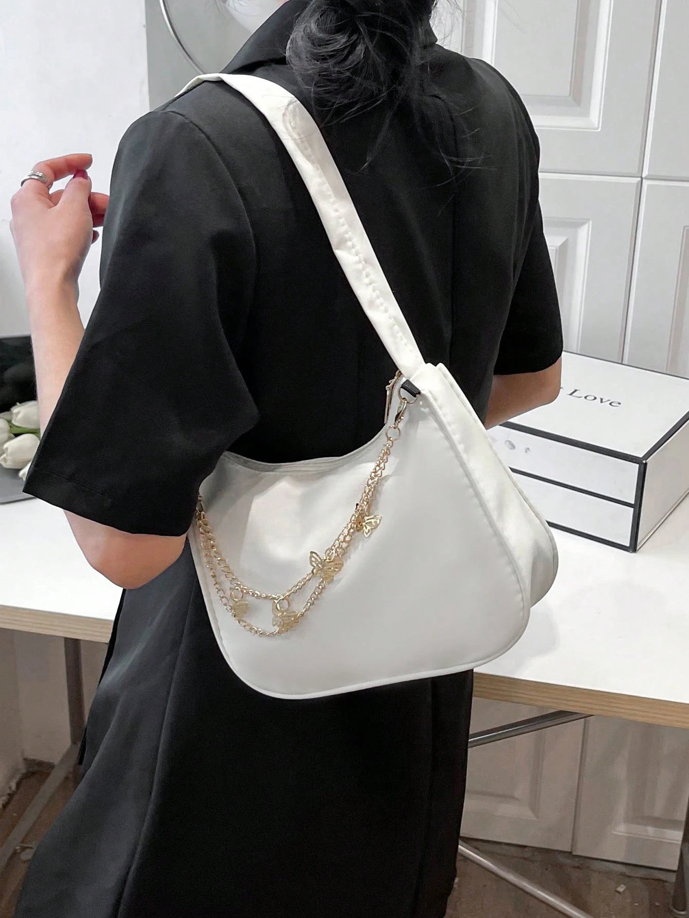 Fashion White Nylon Waterproof Shoulder Bag, Exquisite Metallic Butterfly Chain Versatile Minimalist Design Women Underarm Bag, Handy For Daily Use And Shopping