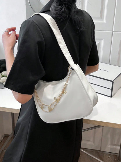 Fashion White Nylon Waterproof Shoulder Bag, Exquisite Metallic Butterfly Chain Versatile Minimalist Design Women Underarm Bag, Handy For Daily Use And Shopping