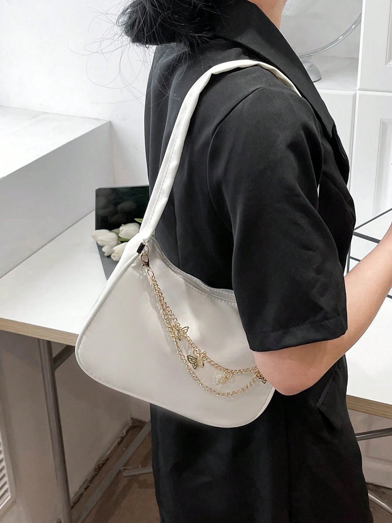 Fashion White Nylon Waterproof Shoulder Bag, Exquisite Metallic Butterfly Chain Versatile Minimalist Design Women Underarm Bag, Handy For Daily Use And Shopping