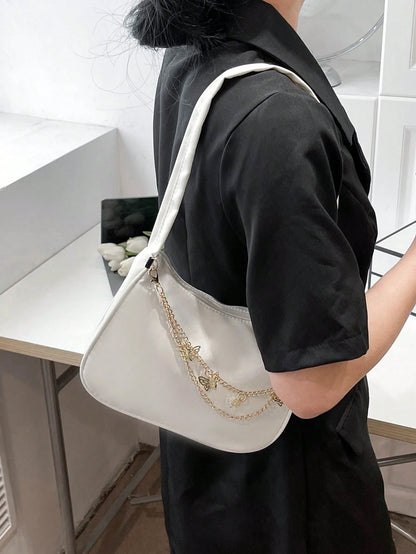 Fashion White Nylon Waterproof Shoulder Bag, Exquisite Metallic Butterfly Chain Versatile Minimalist Design Women Underarm Bag, Handy For Daily Use And Shopping