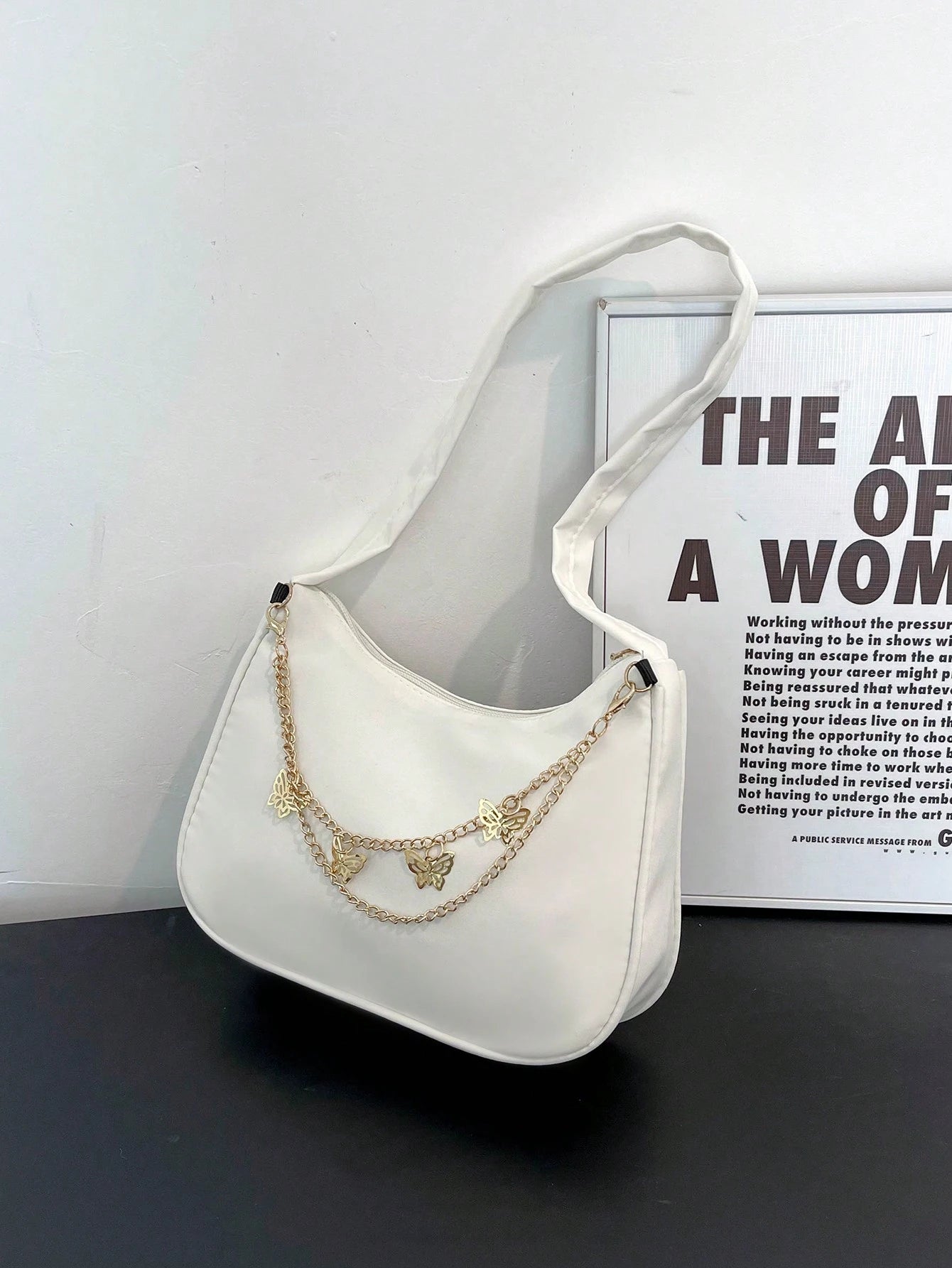 Fashion White Nylon Waterproof Shoulder Bag, Exquisite Metallic Butterfly Chain Versatile Minimalist Design Women Underarm Bag, Handy For Daily Use And Shopping