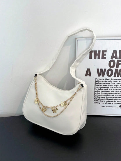 Fashion White Nylon Waterproof Shoulder Bag, Exquisite Metallic Butterfly Chain Versatile Minimalist Design Women Underarm Bag, Handy For Daily Use And Shopping