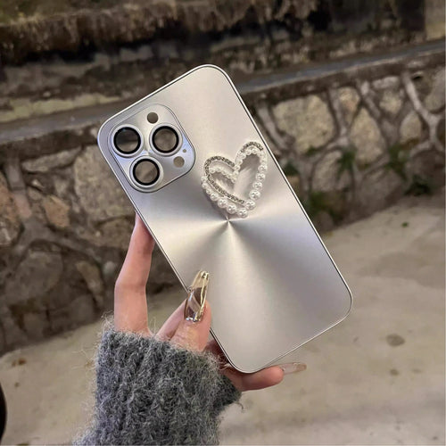 Fashionable New Silver Aurora Pearl Heart Phone Case Compatible With Apple 16, 17 Pro Max, 13, 12, 15 Pro Max, 14 Plus, 11, Anti-Drop Full Coverage Lens Protection, Korean Style, Handheld & Crossbody