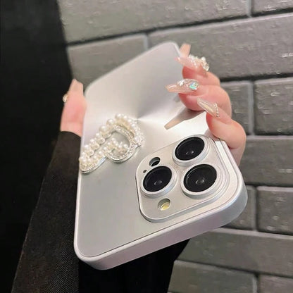 Fashionable New Silver Aurora Pearl Heart Phone Case Compatible With Apple 16, 17 Pro Max, 13, 12, 15 Pro Max, 14 Plus, 11, Anti-Drop Full Coverage Lens Protection, Korean Style, Handheld & Crossbody