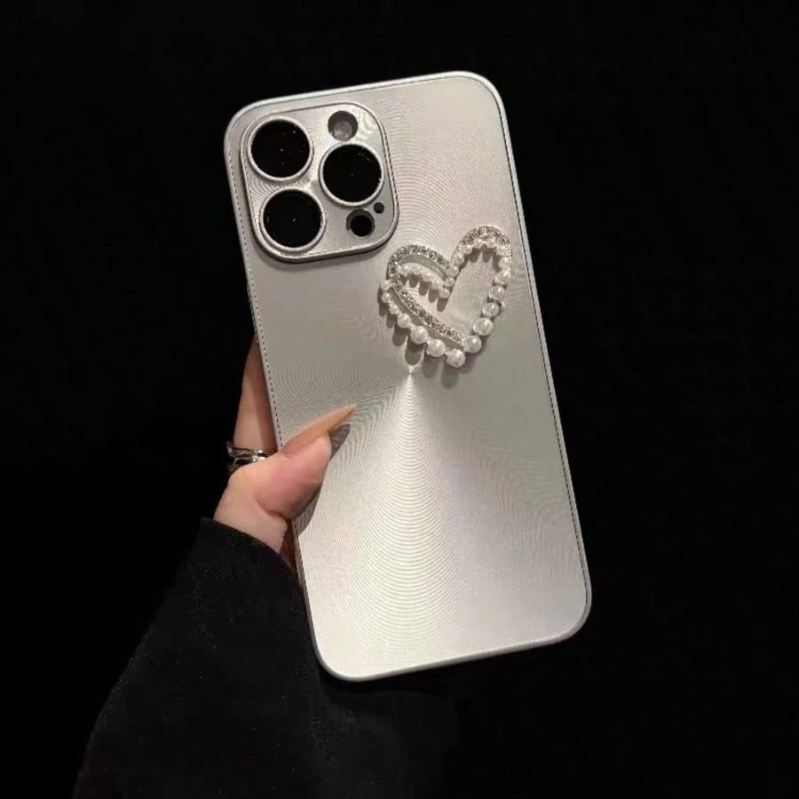 Fashionable New Silver Aurora Pearl Heart Phone Case Compatible With Apple 16, 17 Pro Max, 13, 12, 15 Pro Max, 14 Plus, 11, Anti-Drop Full Coverage Lens Protection, Korean Style, Handheld & Crossbody