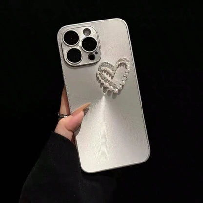 Fashionable New Silver Aurora Pearl Heart Phone Case Compatible With Apple 16, 17 Pro Max, 13, 12, 15 Pro Max, 14 Plus, 11, Anti-Drop Full Coverage Lens Protection, Korean Style, Handheld & Crossbody