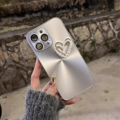Fashionable New Silver Aurora Pearl Heart Phone Case Compatible With Apple 16, 17 Pro Max, 13, 12, 15 Pro Max, 14 Plus, 11, Anti-Drop Full Coverage Lens Protection, Korean Style, Handheld & Crossbody