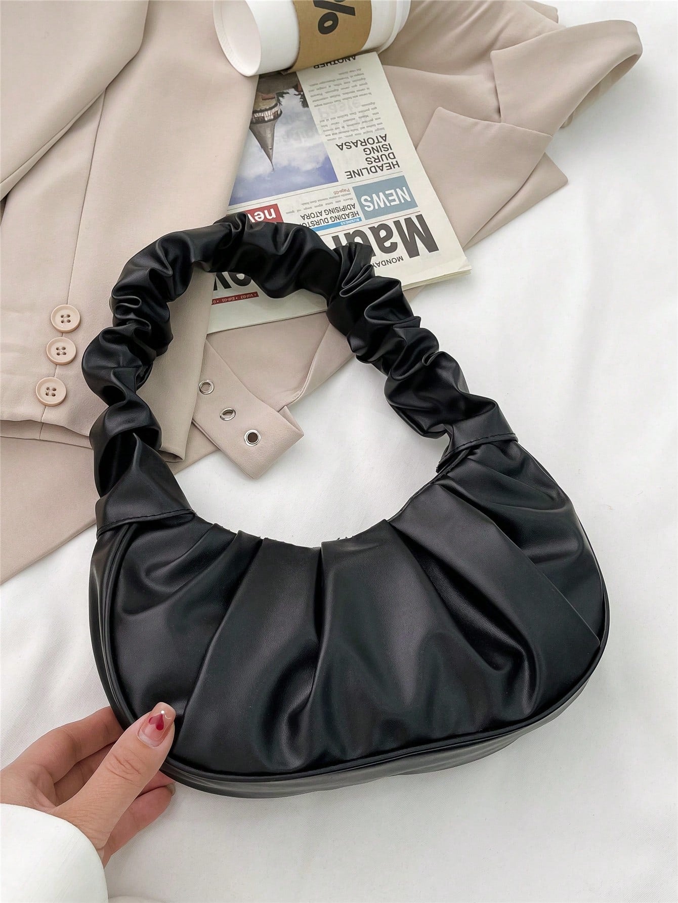 Fashionable Solid Color Cloud-Like Ruched Ladies Shoulder Bag, Multi-Purpose Handbag