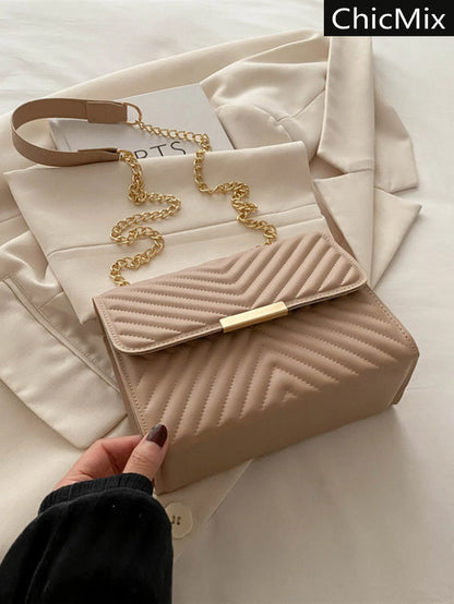Fashionable Solid Color Embossed Chain Shoulder Bag, Minimalist & Practical Multifunction