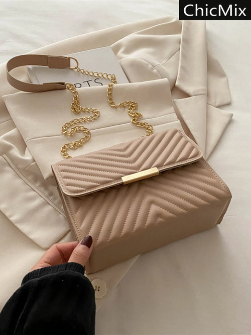 Fashionable Solid Color Embossed Chain Shoulder Bag, Minimalist & Practical Multifunction