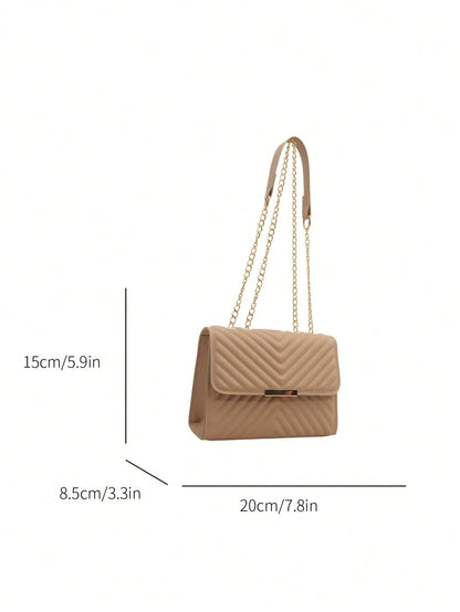 Fashionable Solid Color Embossed Chain Shoulder Bag, Minimalist & Practical Multifunction