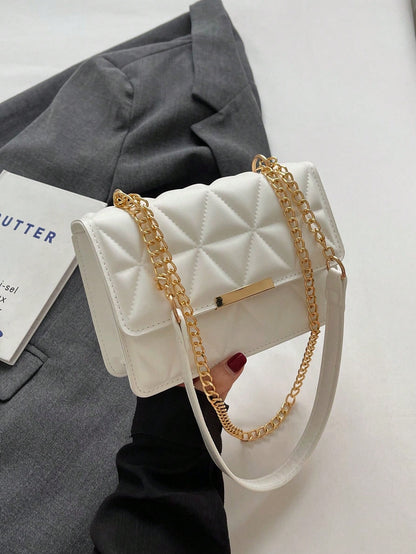 Fashionable Solid Color Embossed Chain Shoulder Bag, Minimalist & Practical Multifunction