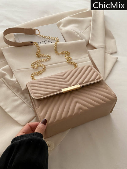 Fashionable Solid Color Embossed Chain Shoulder Bag, Minimalist & Practical Multifunction