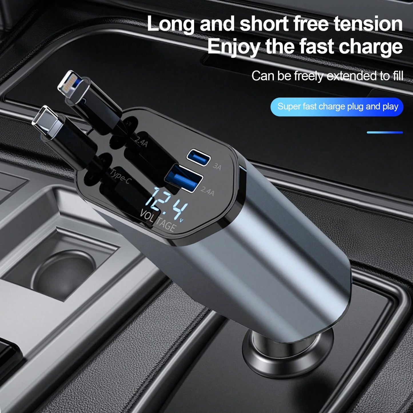 Fast Car Charger With 4-In-1 Retractable Cable, USB Car Charger Compatible With Apple 11/12/13/14/15/Pro Max, Galaxy S23/22, Pixel And IPad Pro Car Accessories Daily Commute, Long Drive, Driving Car C