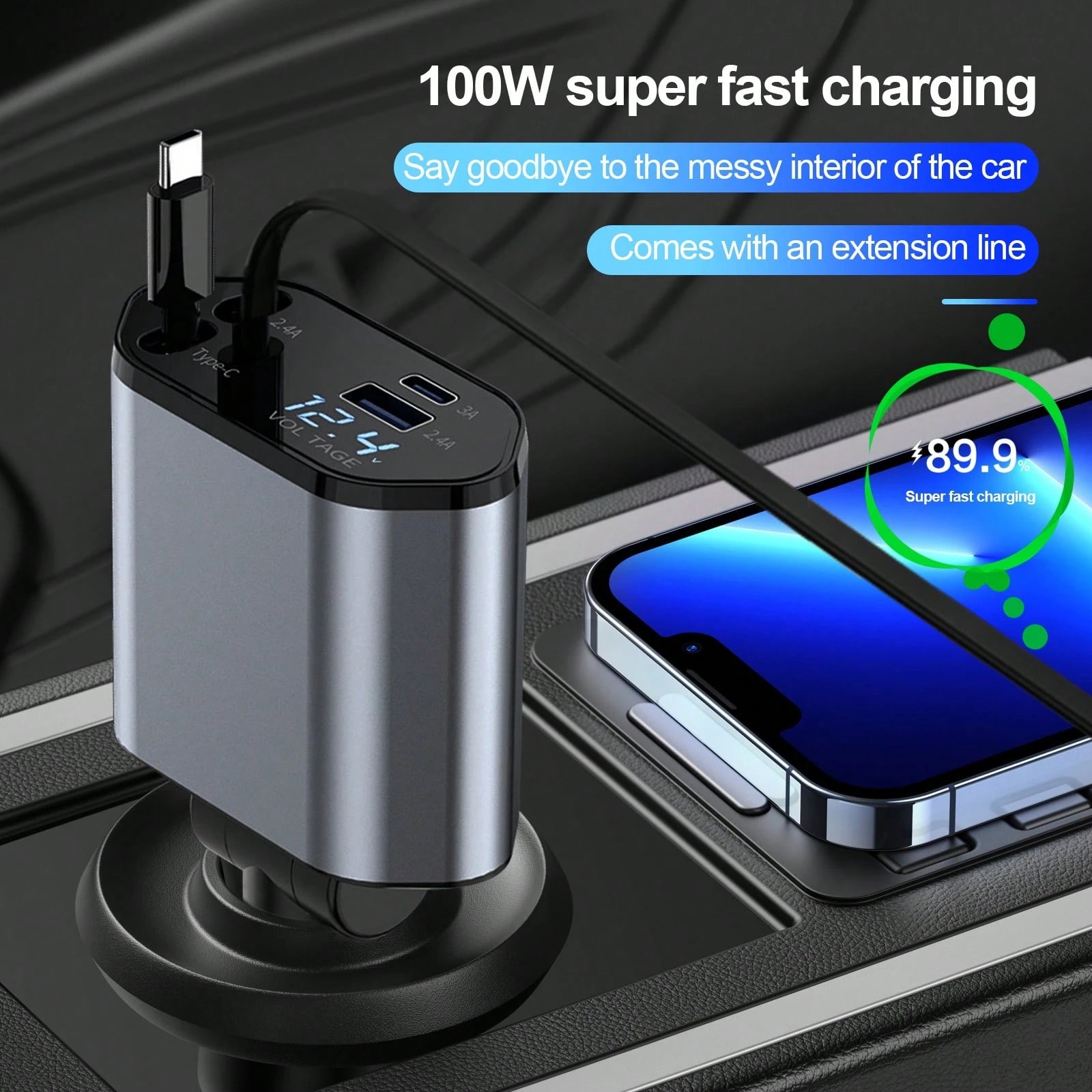 Fast Car Charger With 4-In-1 Retractable Cable, USB Car Charger Compatible With Apple 11/12/13/14/15/Pro Max, Galaxy S23/22, Pixel And IPad Pro Car Accessories Daily Commute, Long Drive, Driving Car C