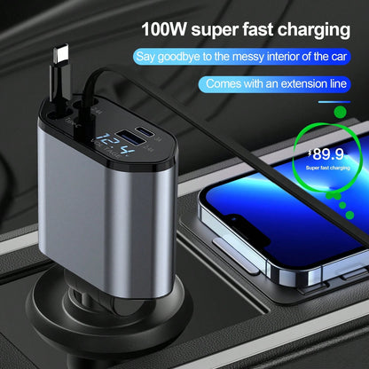 Fast Car Charger With 4-In-1 Retractable Cable, USB Car Charger Compatible With Apple 11/12/13/14/15/Pro Max, Galaxy S23/22, Pixel And IPad Pro Car Accessories Daily Commute, Long Drive, Driving Car C