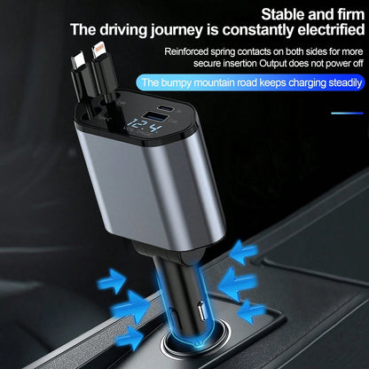 Fast Car Charger With 4-In-1 Retractable Cable, USB Car Charger Compatible With Apple 11/12/13/14/15/Pro Max, Galaxy S23/22, Pixel And IPad Pro Car Accessories Daily Commute, Long Drive, Driving Car C